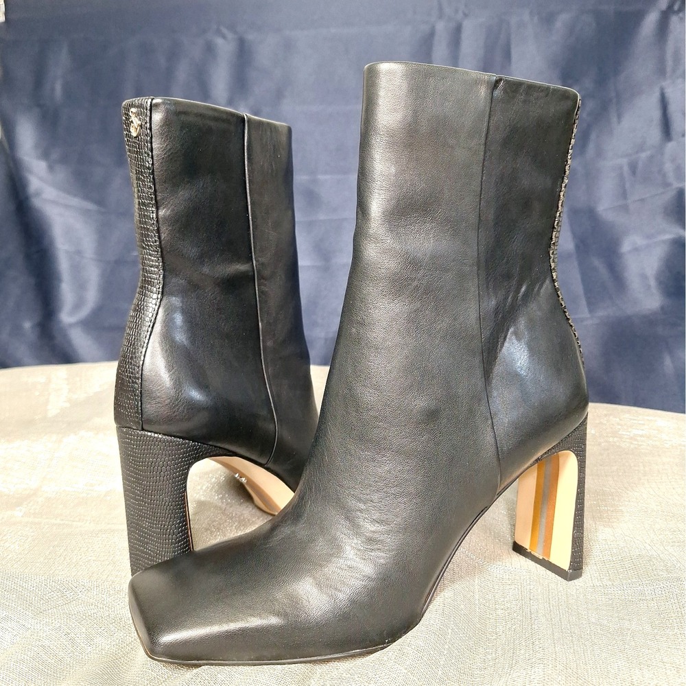Sam Edelman 7 M Anika Black Leather High Heeled Ankle Boots Logo & Croc Emboss